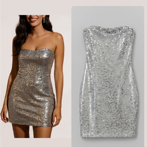 GB Silver Sequin Strapless Mini Dress - Picture 1 of 7